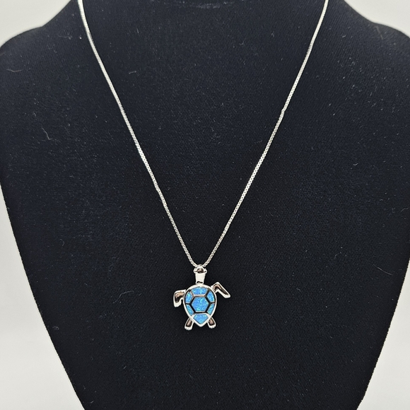 Blue Opal Turtle Pendant Necklace 925 Silver - Picture 9 of 14